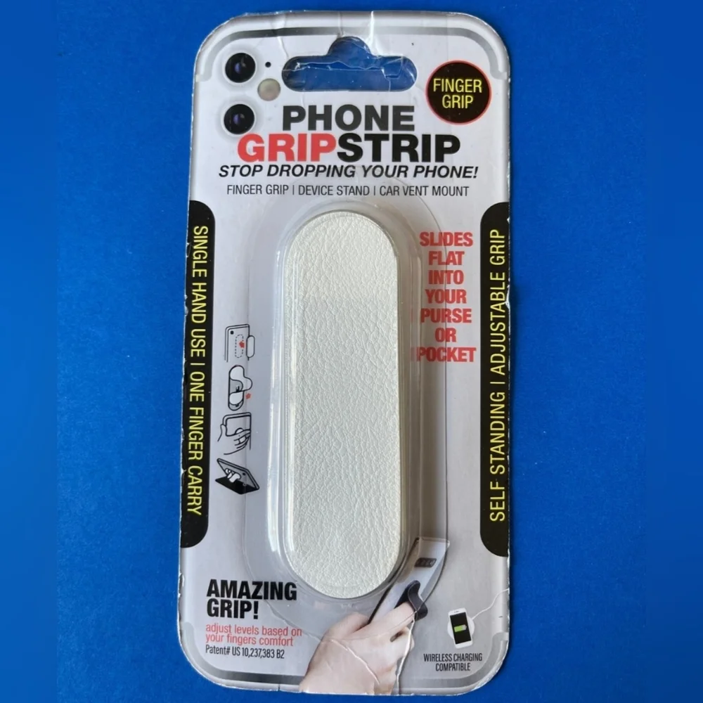Phone Grip Strip: Finger Grip, Stand, & Car Vent Mount - WHITE PEBBLED LEATHER
